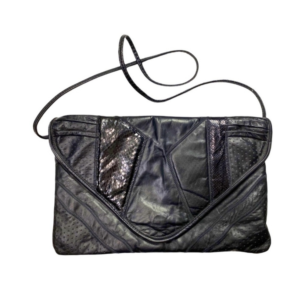 Vintage 70s Leather & Snakeskin Envelope Handbag Black Perforated Velvet Lined - Picture 1 of 14